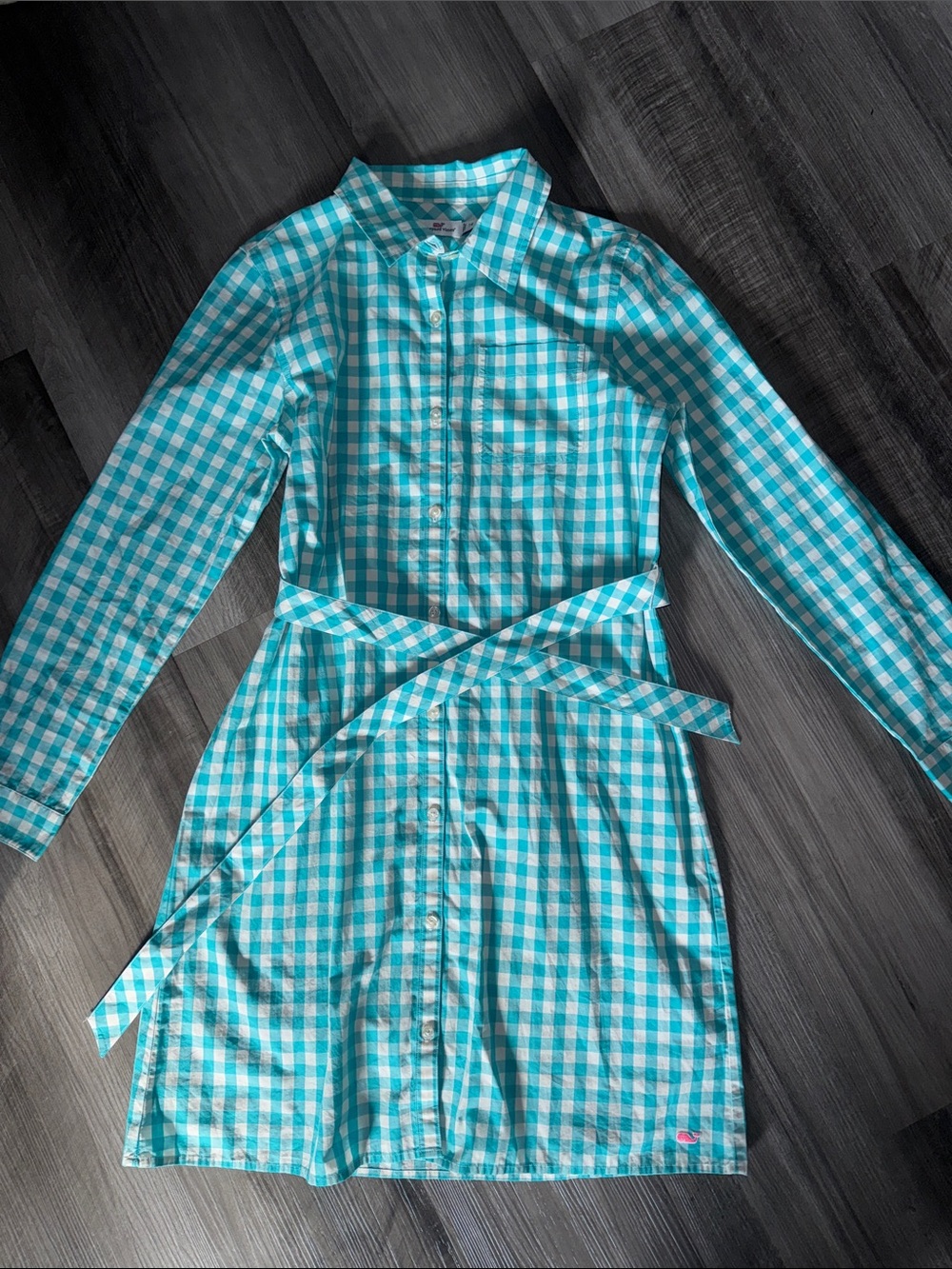 Vineyard Vines 14 teal Gingham Shirtdress 14 girls long sleeve belted coastal